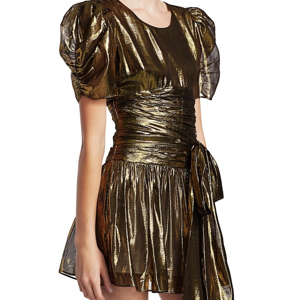 LoveShackFancy Mercy Metallic Puff-Sleeve Mini Gold Dress Size 00 *Missing Belt